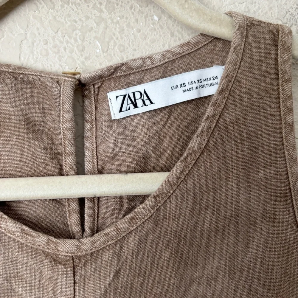 Zara Linen Crinkled Sleeveless Relaxed Mini Dress Boho Neutral Beachy Lagenlook - Picture 5 of 12
